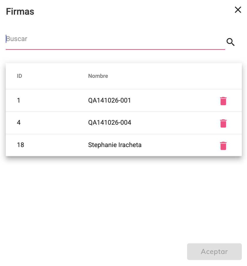 Ventana Firmas con buscador, columnas Id y Nombre, e ícono de eliminar