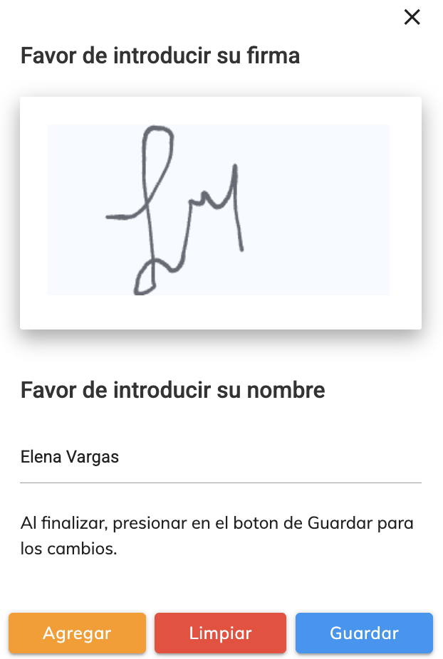Ventana Favor de introducir su firma con los botones Agregar, Limpiar y Guardar